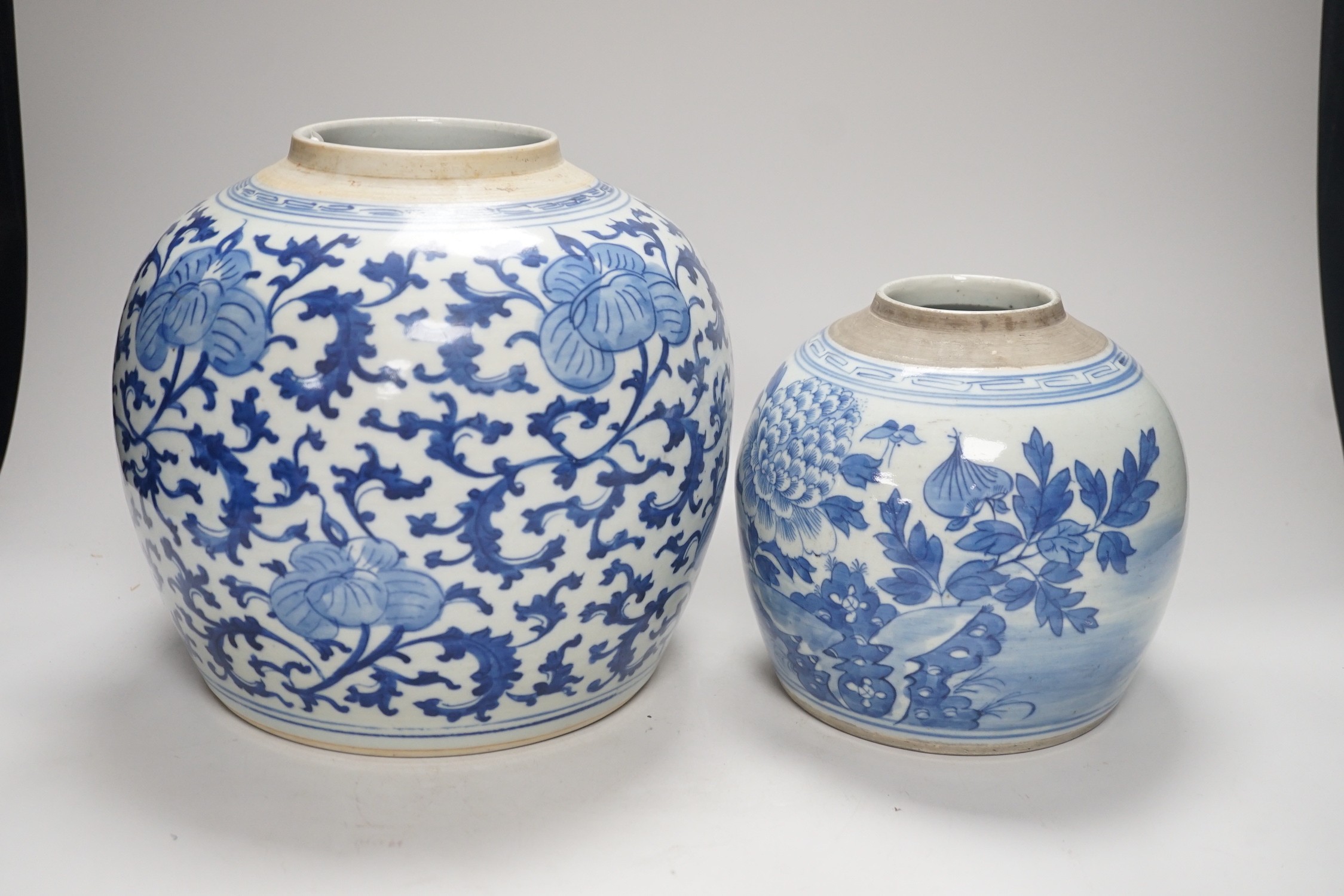 Two Chinese provincial blue and white jars, 19th century. Tallest 22cm